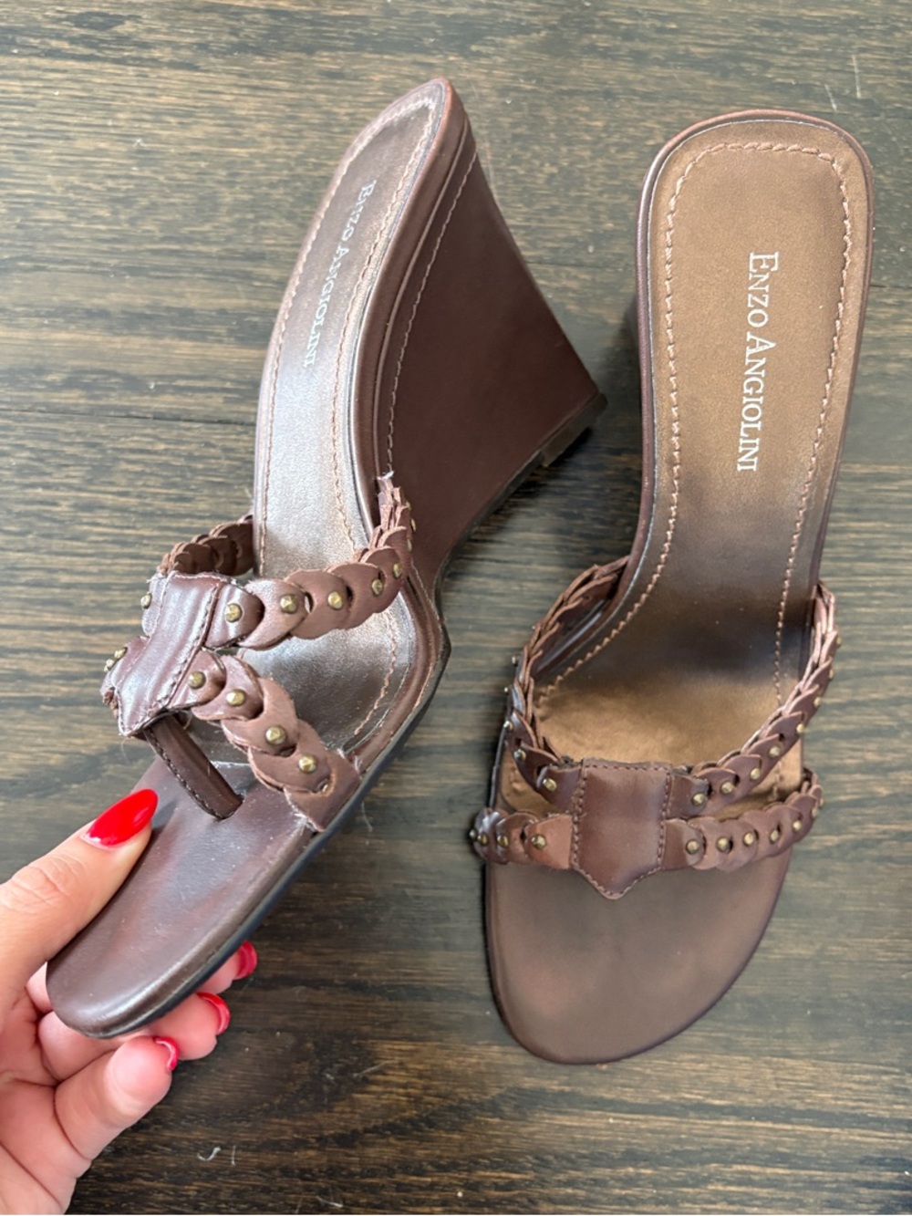 Enzo Angiolini Brown Braided Stud Wedge Sandals